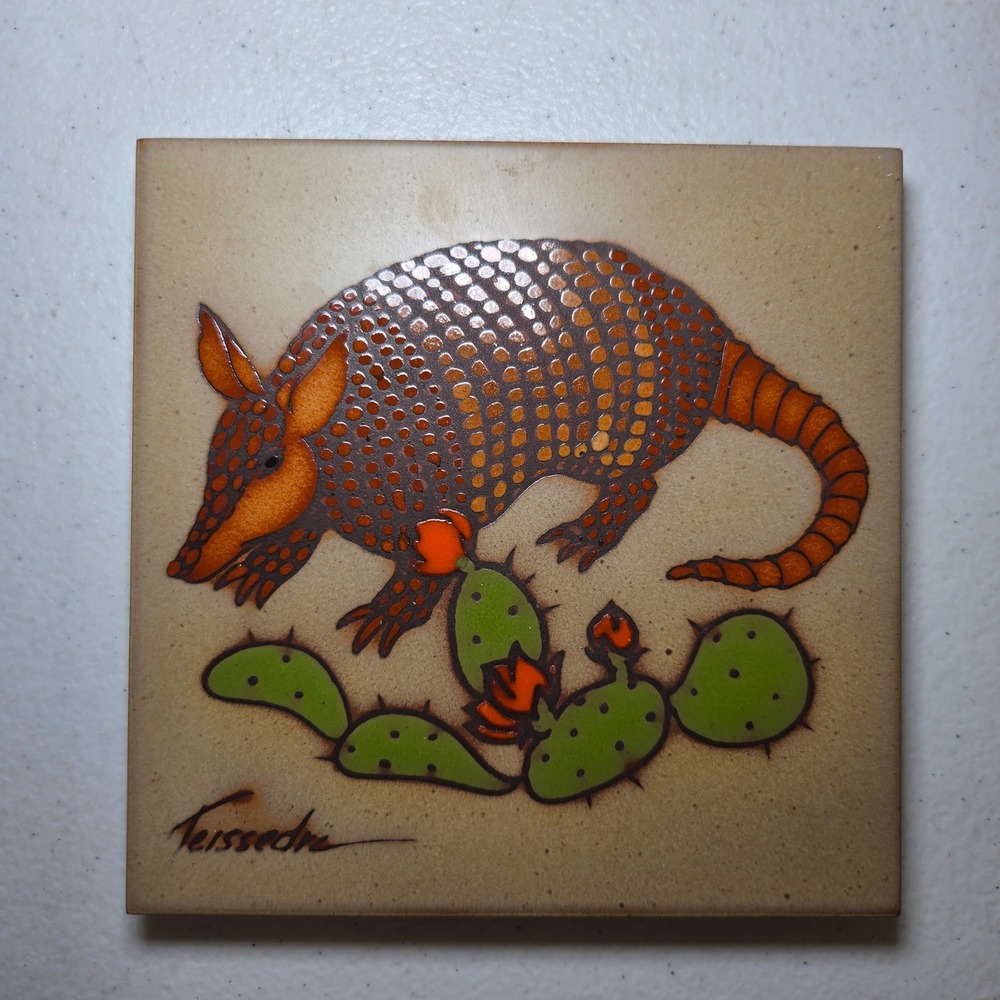 Cleo Teissedre Armadillo Cactus Ceramic Art Tile Trivet Coaster Decor